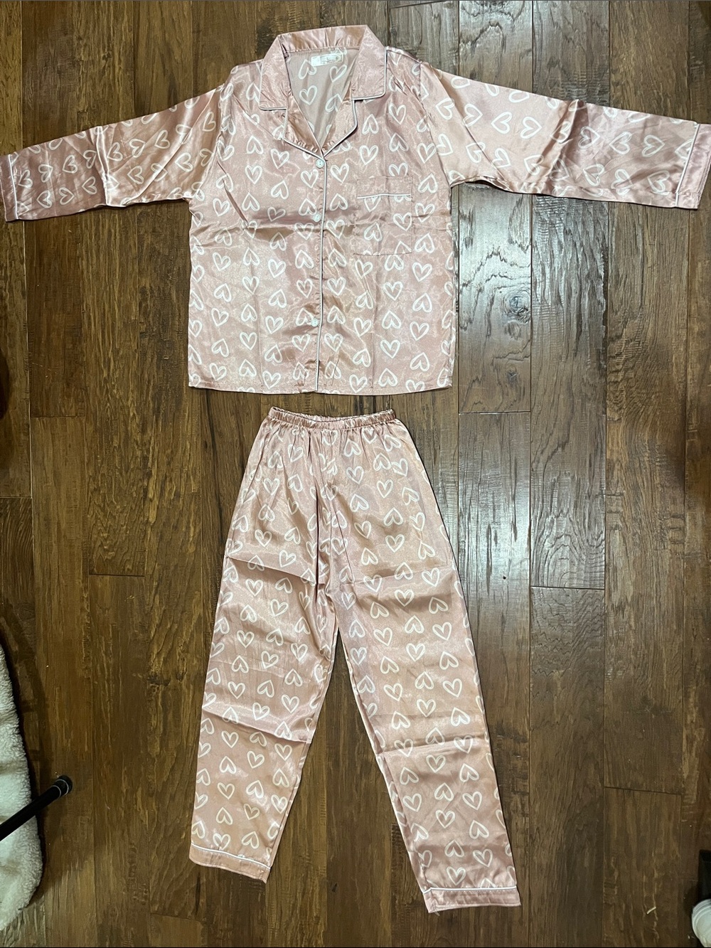 Kids Satin Heart-Print Pajama Set in Blush Pink (see measurements for fit)